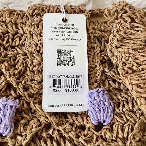 NWT Urban Expressions “Calliope” Brown Woven Straw Tote with Pastel Accents - Picture 8 of 11